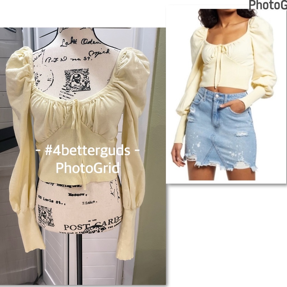 Lulu’s Cropped Square Neck Puff Sleeves Gathered Bodice Sweater Top Yellow LG